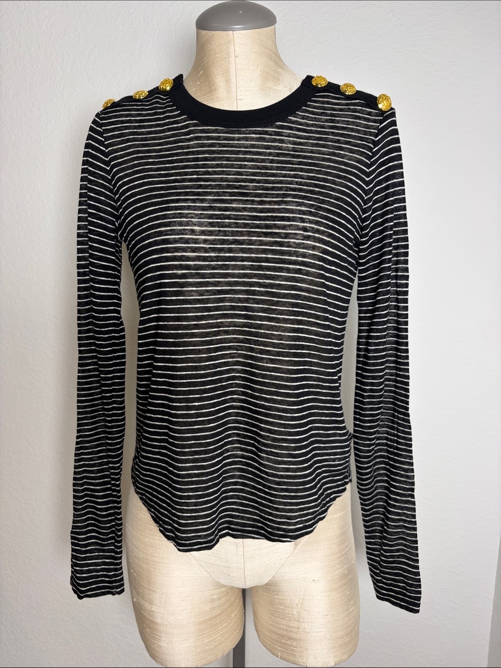 Veronica Beard Long Sleeve Black Striped 100% Linen Top XS